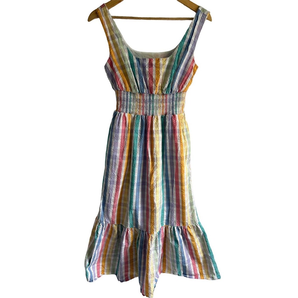 J.Crew Size 0 100% Cotton Square Neck‎ Rainbow Gingham Ruffle Hem Midi Dress